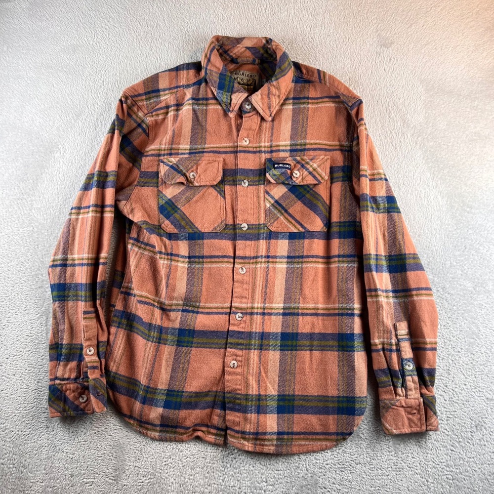 Burlebo Mens Flannel Shirt Medium Peach Blue Green Plaid Long Sleeve Button Down